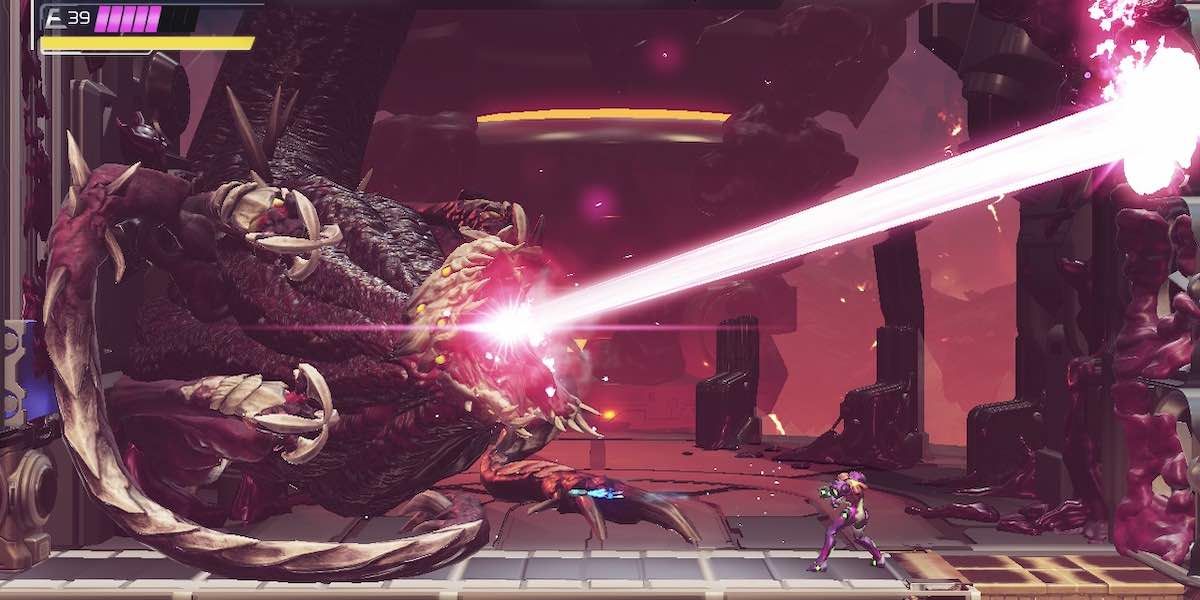 Experiment No Z-57 shoots a beam attack in Metroid Dread.
