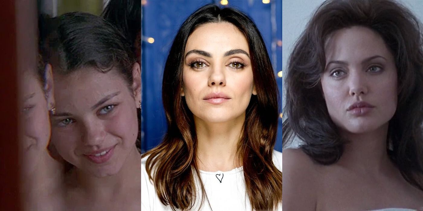 A combined image featuring a younger Mila Kunis in Gia on the left, present-day Mila Kunis in the center, and Angelina Jolie in Gia on the right. 