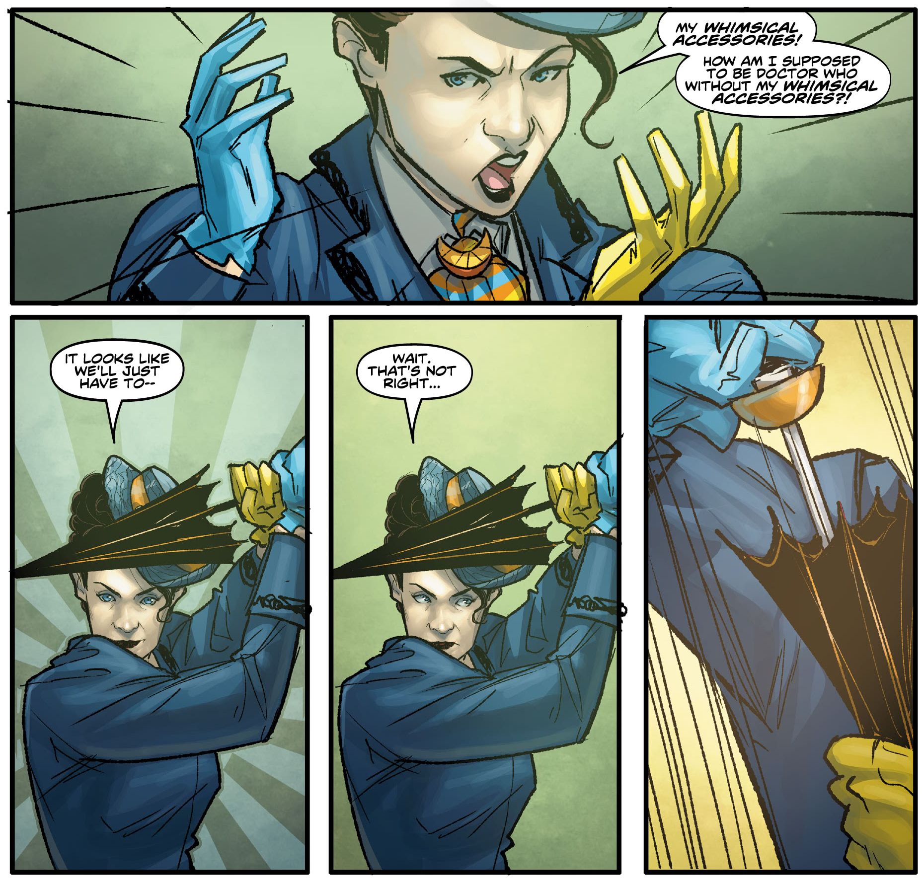 Missy pulls a sword out of her umbrella to fight the master