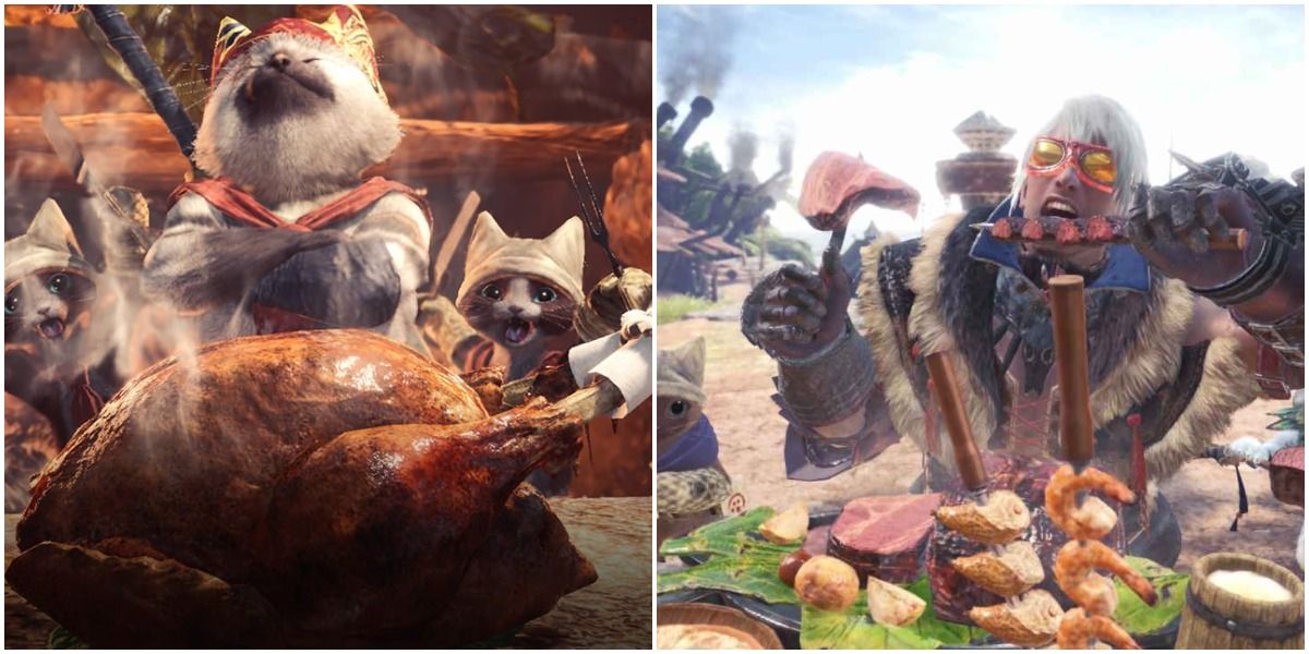Felyne preparing a meal at the Canteen, Hunter eating a platter in Monster Hunter: World