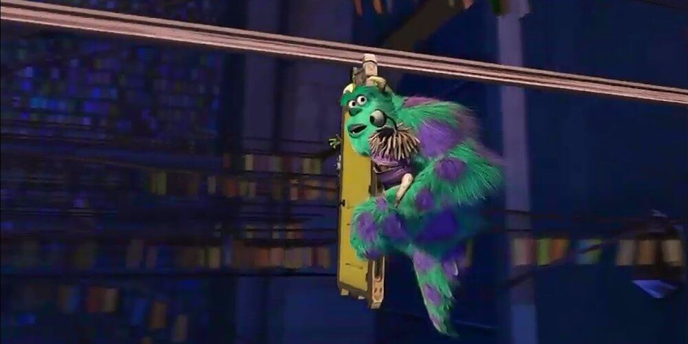 Mike and Sully engage in a chase by riding moving doors Monsters Inc.