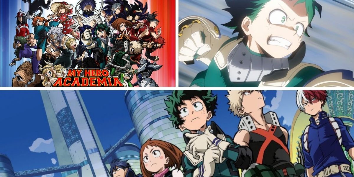 Top and bottom images feature promo images for My Hero Academia; top right image features Izuku &quot;Deku&quot; Midoriya fighting from My Hero Academia