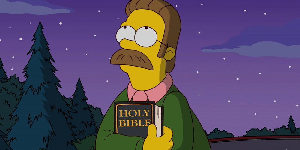 Ned Flanders clutching his bible in The Simpsons.
