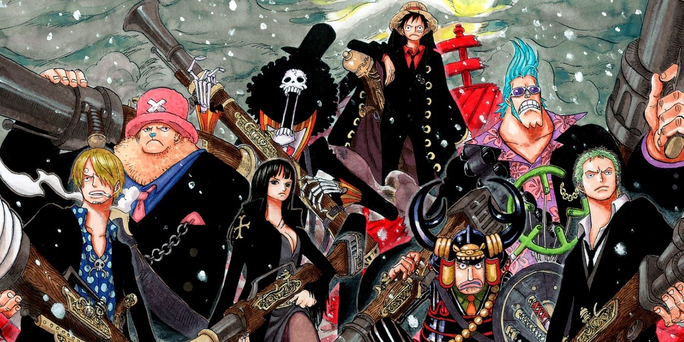 Os piratas do Chapéu de Palha vestidos de preto com Luffy no centro das costas em Strong World