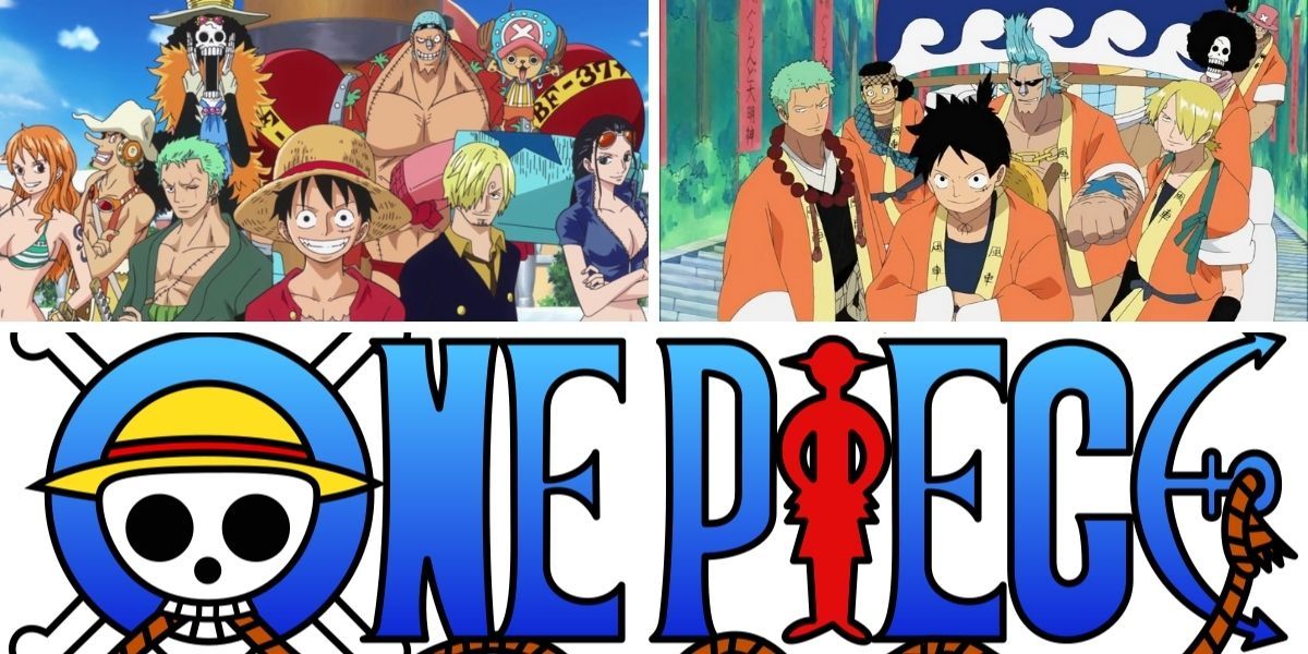 Top left and bottom images feature promo images for One Piece; top right image features Monkey D. Luffy, Roronoa Zoro, Franky, Sanji, Brook, and Usopp wearing happi coats from One Piece