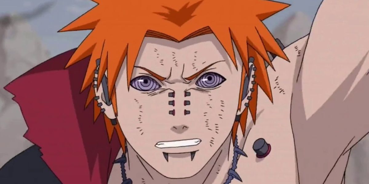 Pain from Naruto looking determined with scars during battle.