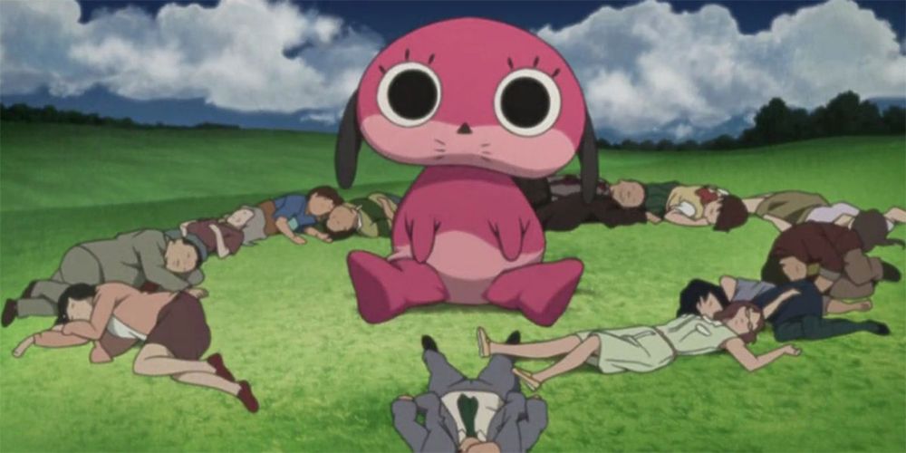 Maromi surrounded by the cast of Paranoia Agent