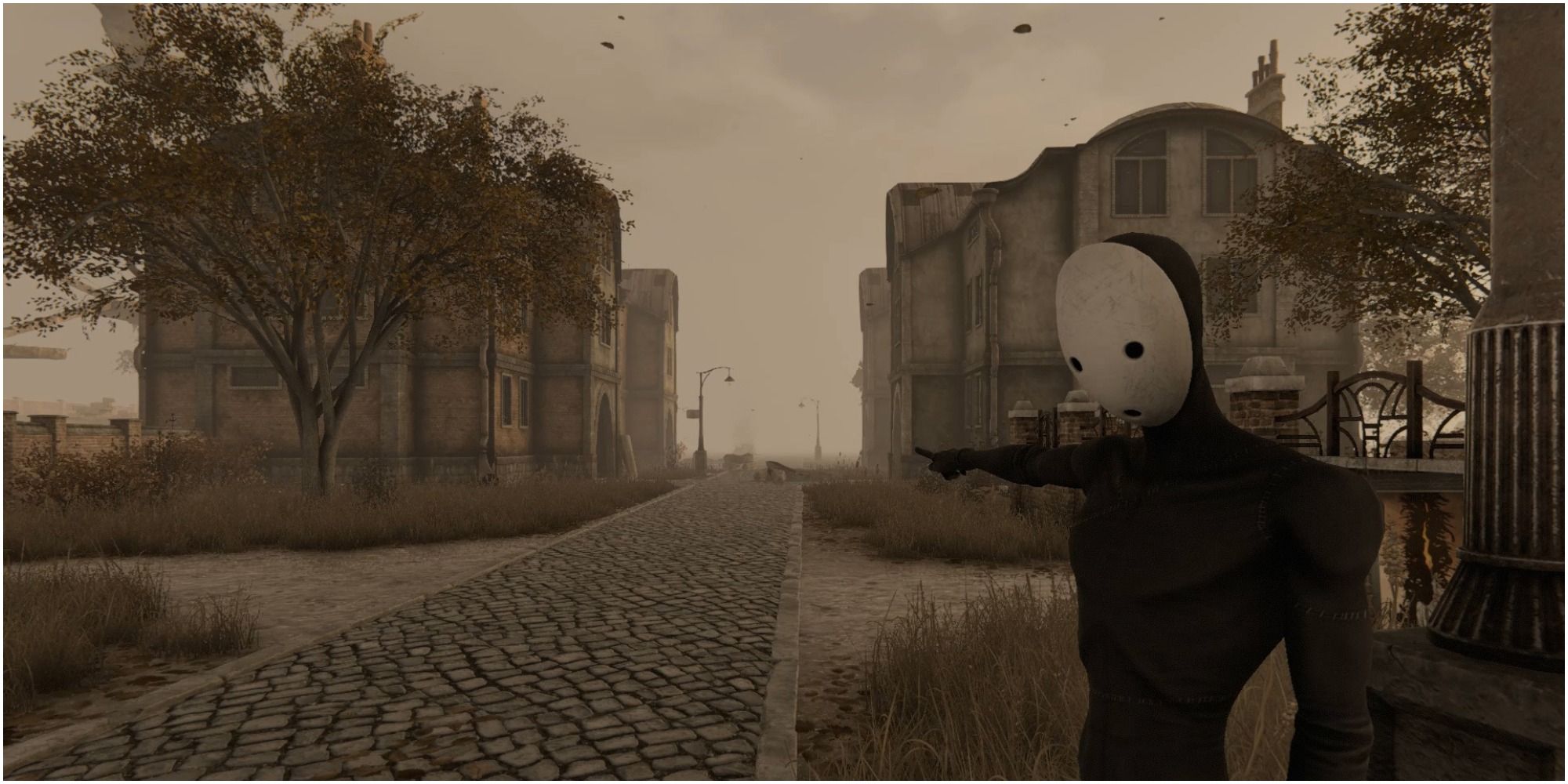 A character from Pathologic pointing into the distance