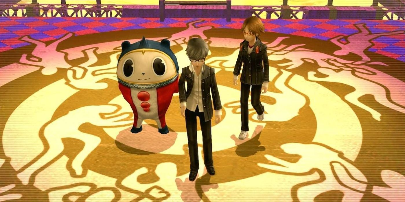 Teddy, Yu, and Yosuke standing at the entrance to the Midnight Channel in Persona 4 Golden