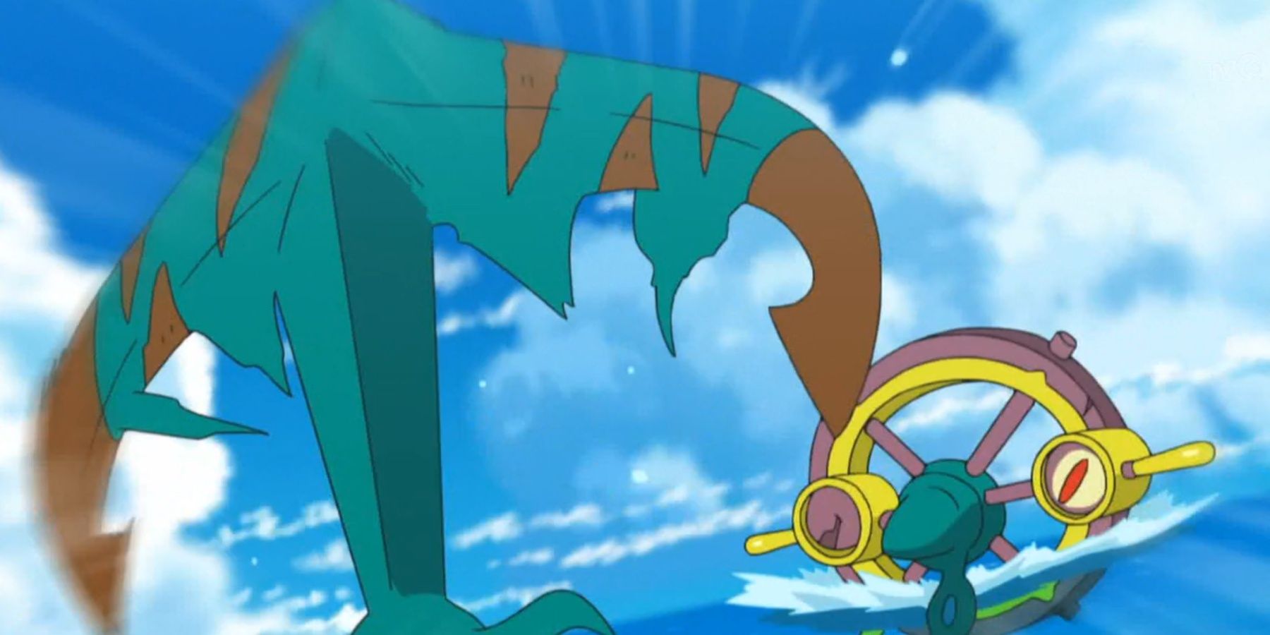 Dhelmise com uma âncora no anime Pokémon.