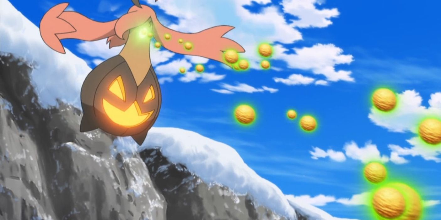 Gourgeist unleashes Seed Bomb attack in Pokemon