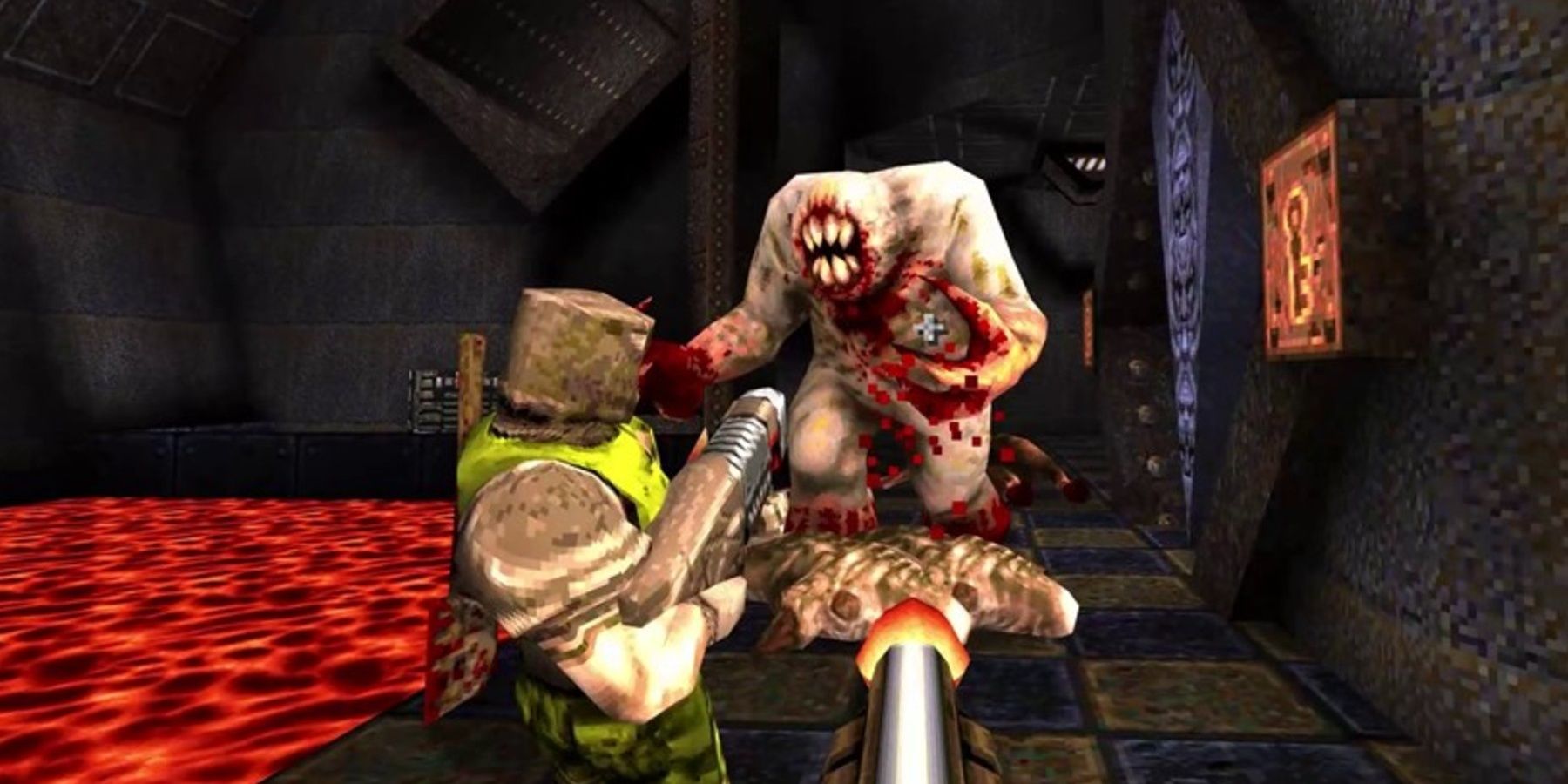 Quake battling an ogre in a room with lava