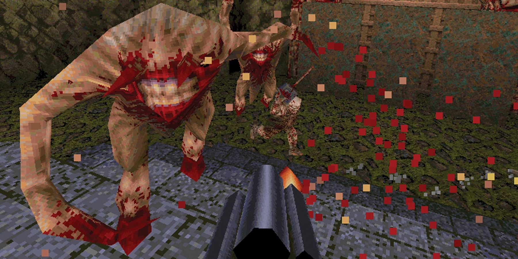 Quake monsters attacking player with blood splashes