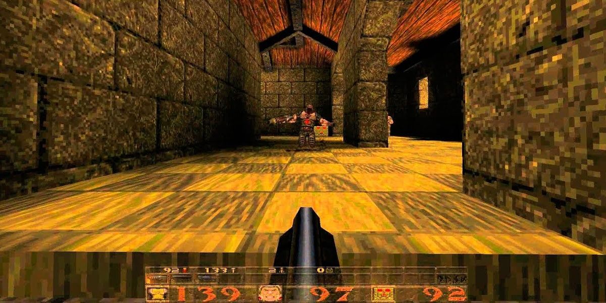 Quake original long hallway with enemy at the end 