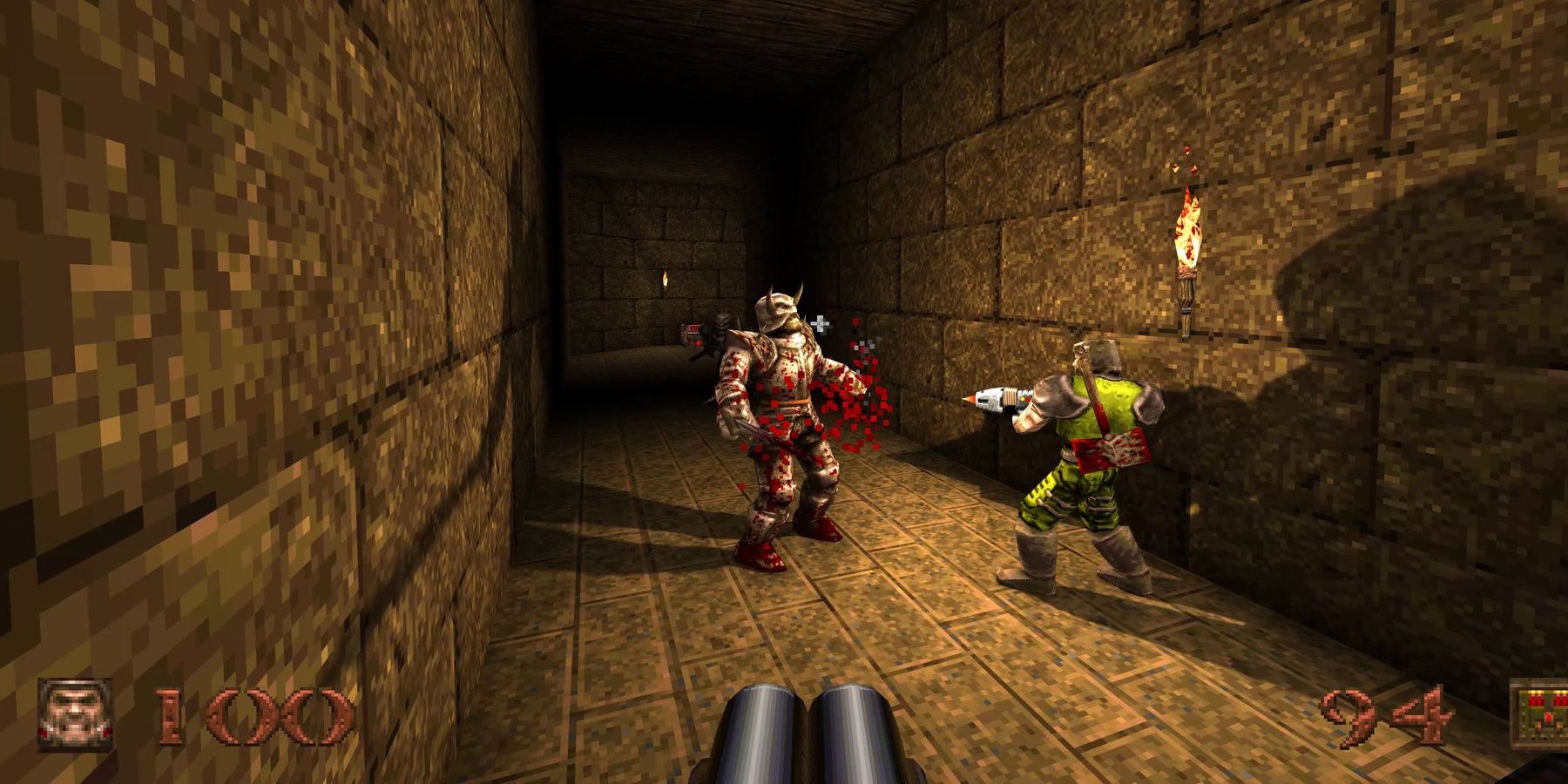 Quake remaster blasting a knight with a shotgun in a dark dungeon in multiplayer