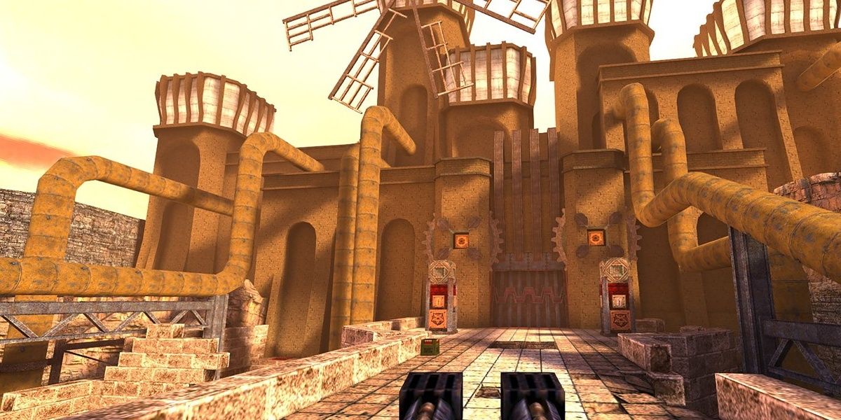 Quake remaster factor exterior with a windmill and pipes