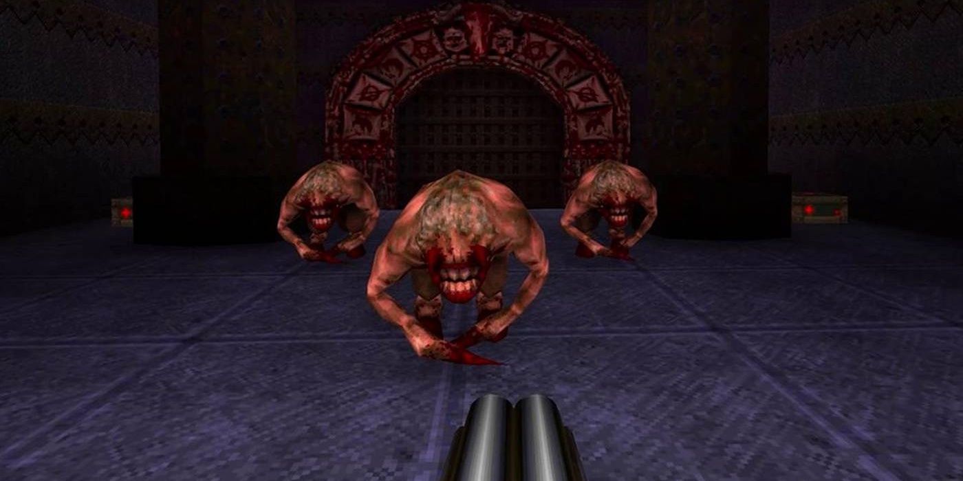 Quake remaster three beasts approaching through an eldritch archway.