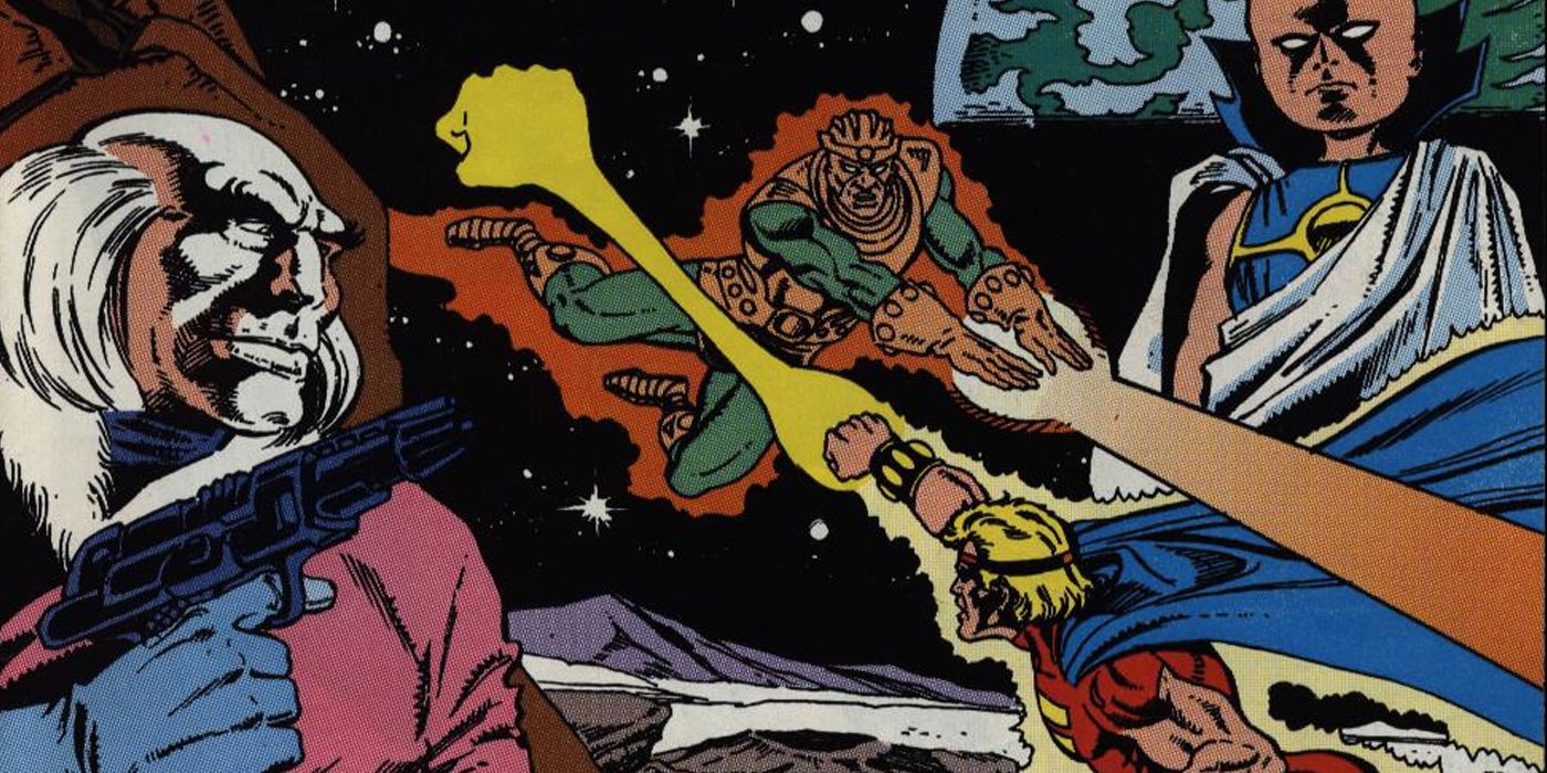 Quasar fighting Living Laser and Red Ghost while The Watcher looks on