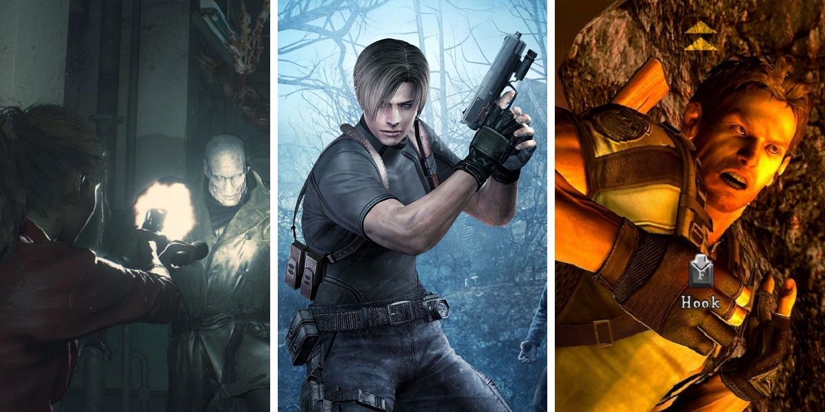 Screenshots from Resident Evil 2 (remake) and Resident Evil 6, plus Resident Evil 4 cover art