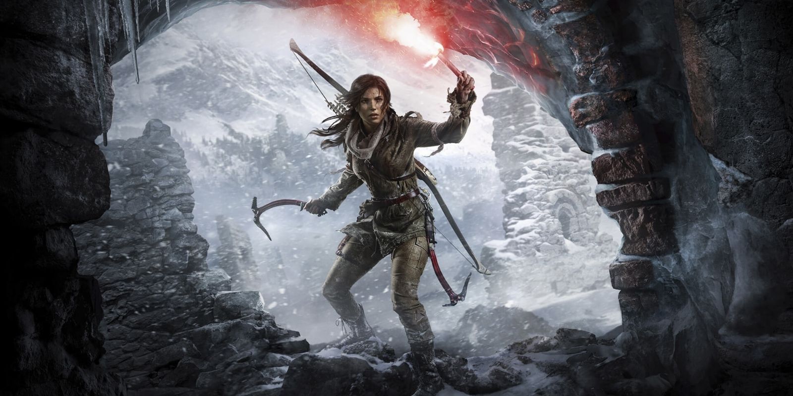 The key art for Rise of the Tomb Raider, featuring Lara Croft standing in a cave