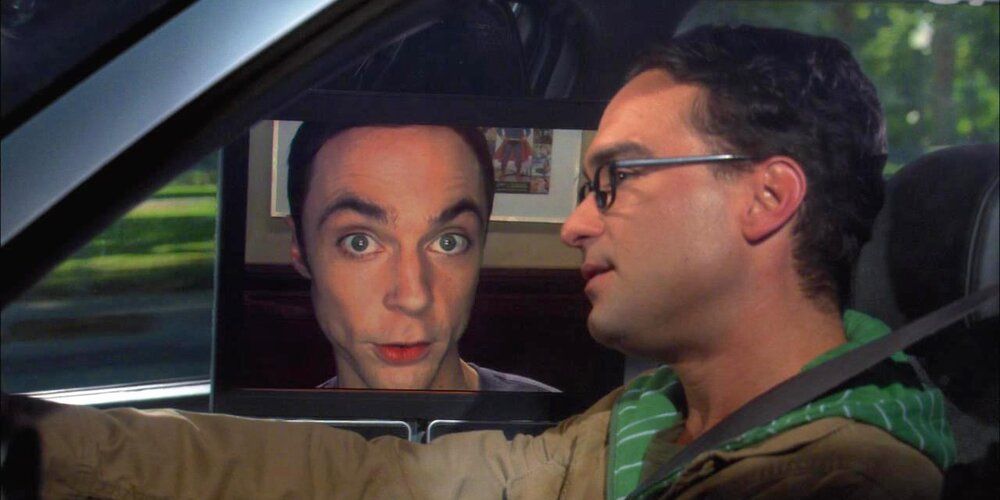 A robotic Sheldon annoys Leonard in the car The Big Bang Theory