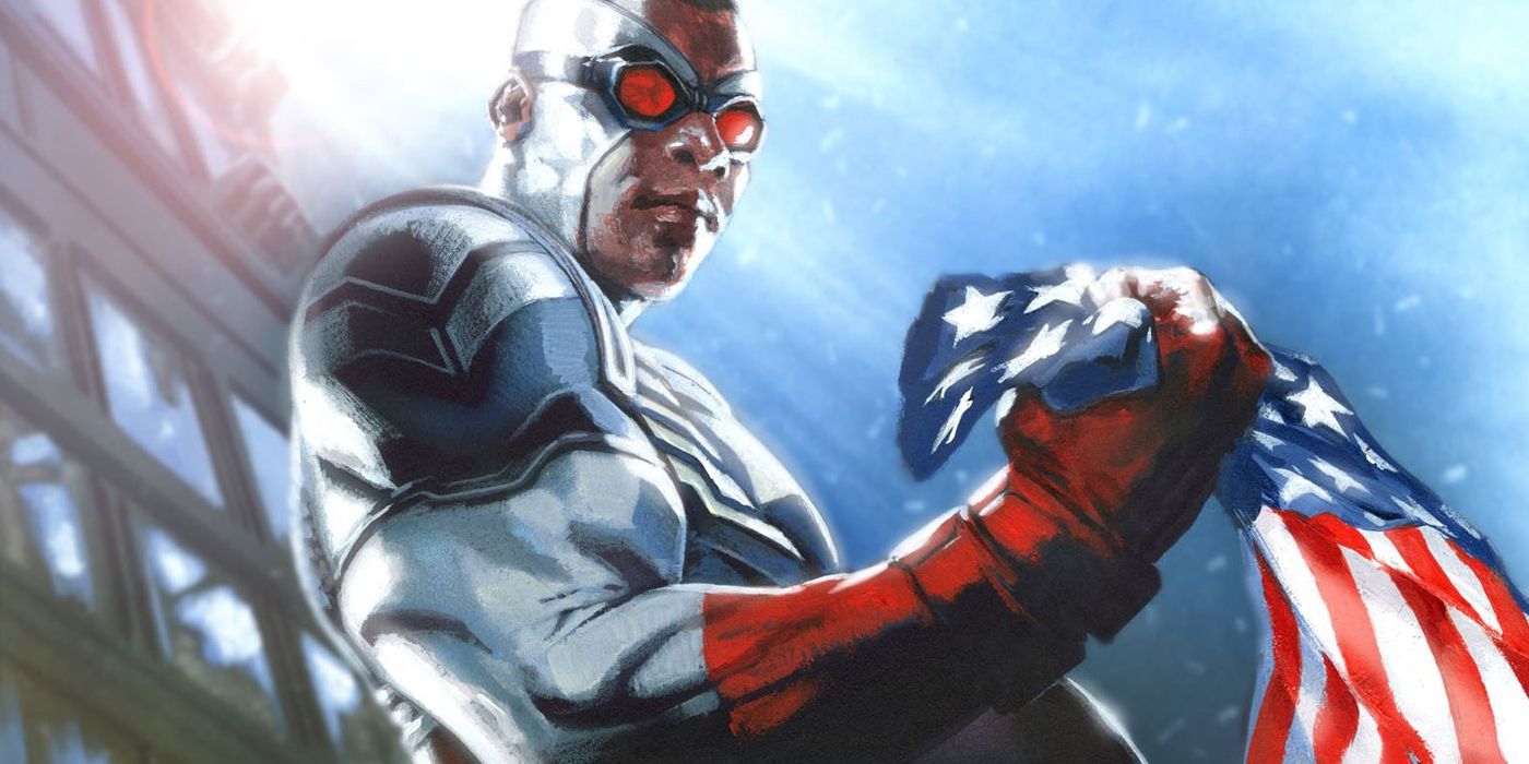 Sam Wilson as Captain America holding the flag during AXIS