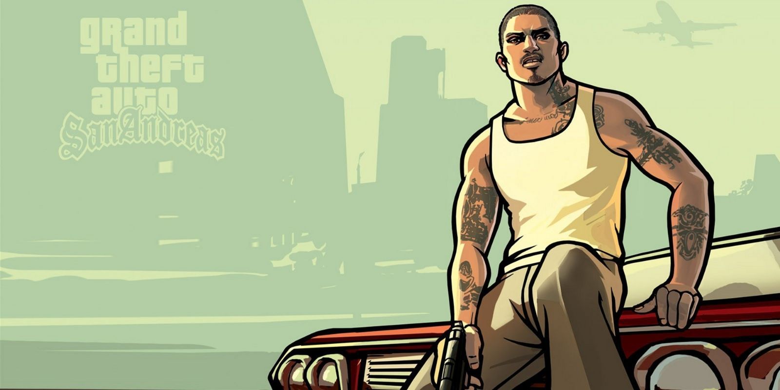 A character in GTA San Andreas sitting on the hood of a car, gun in hand