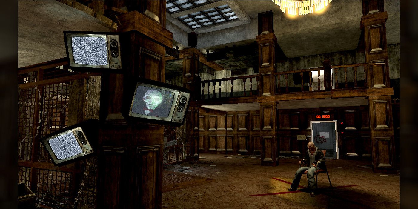 A promotional screenshot for the game Saw II Flesh and Blood