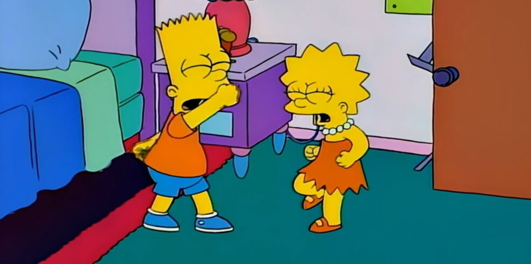 Bart and Lisa pretending to fight in the Simpsons