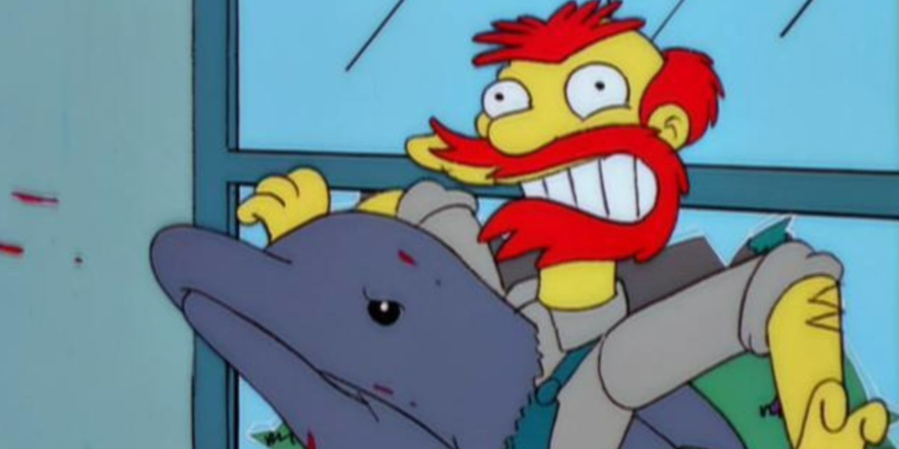 Groundskeeper Willie gets pierced by a dolphin 