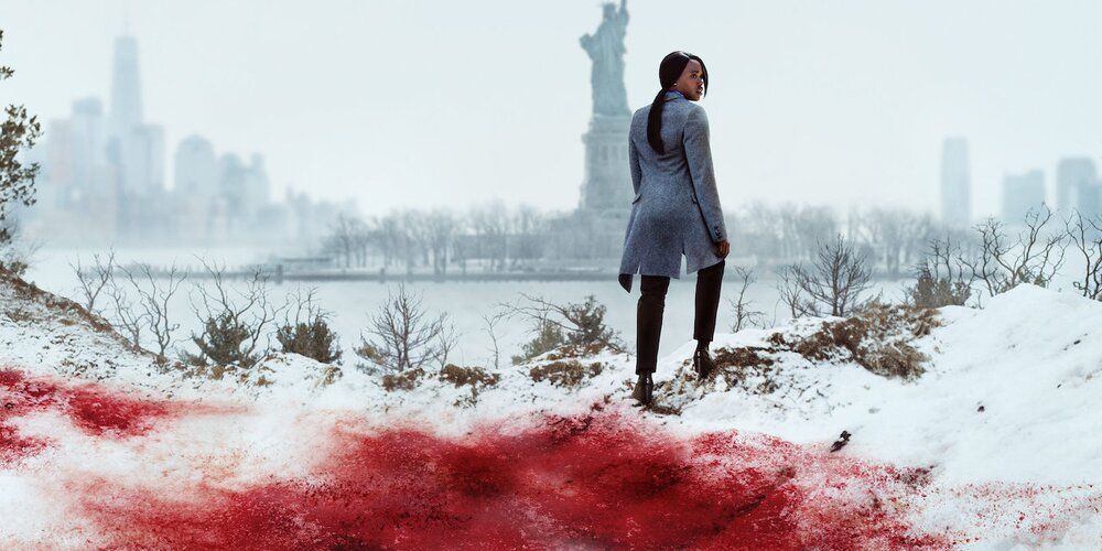A promotional image for Seven Seconds, showing bloodstained snow
