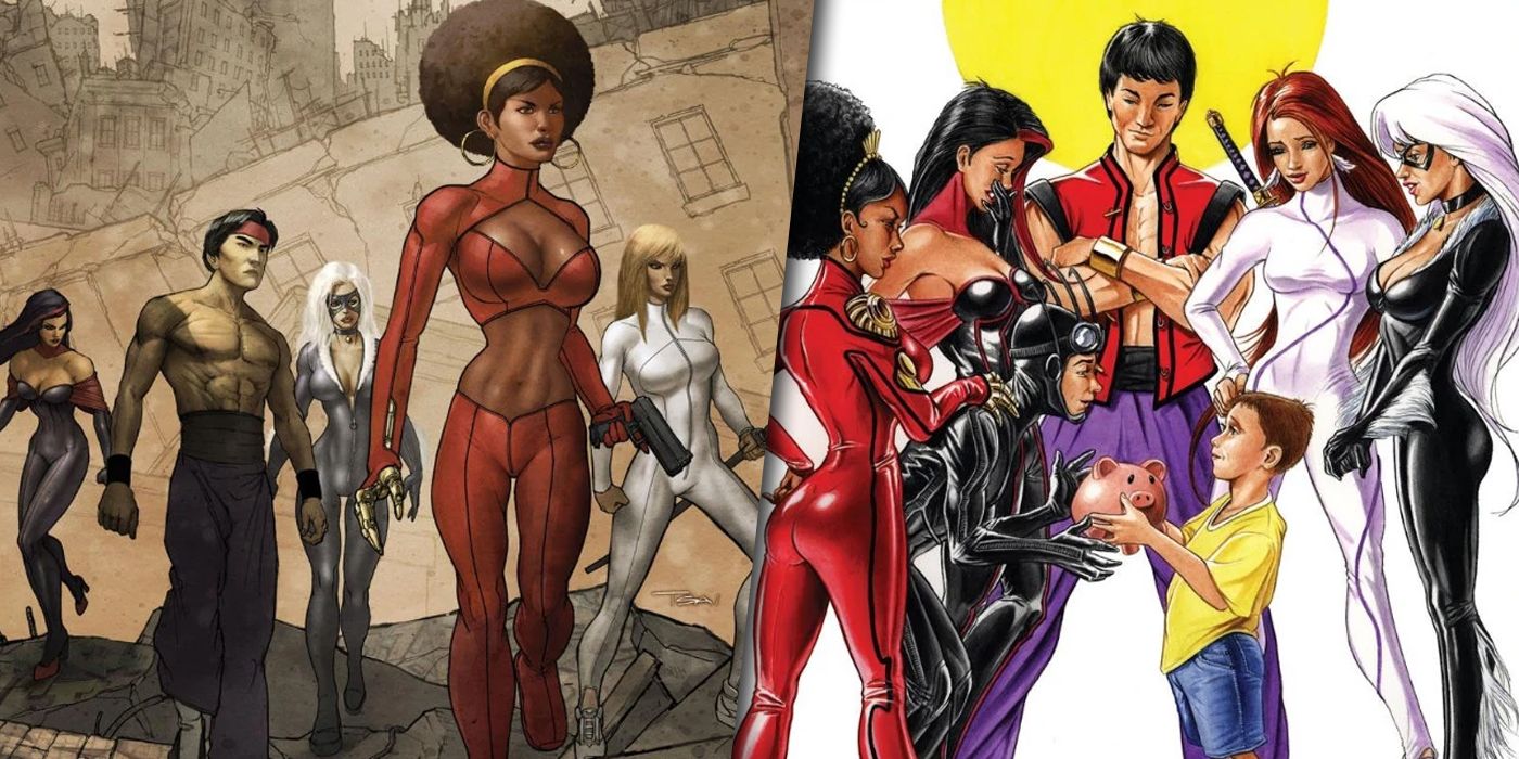 Shang Chi's costumes with the Heroes for Hire split image