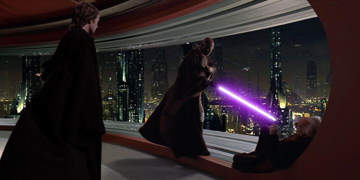 Mace Windu corners Palpatine as Anakin Skywalker watches in Star Wars