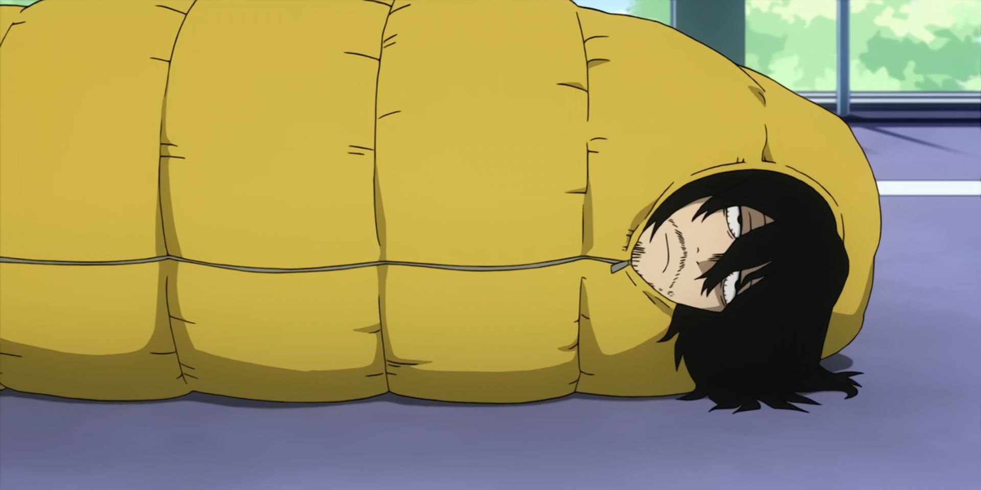 Shota Aizawa in his sleeping bag in My Hero Academia.