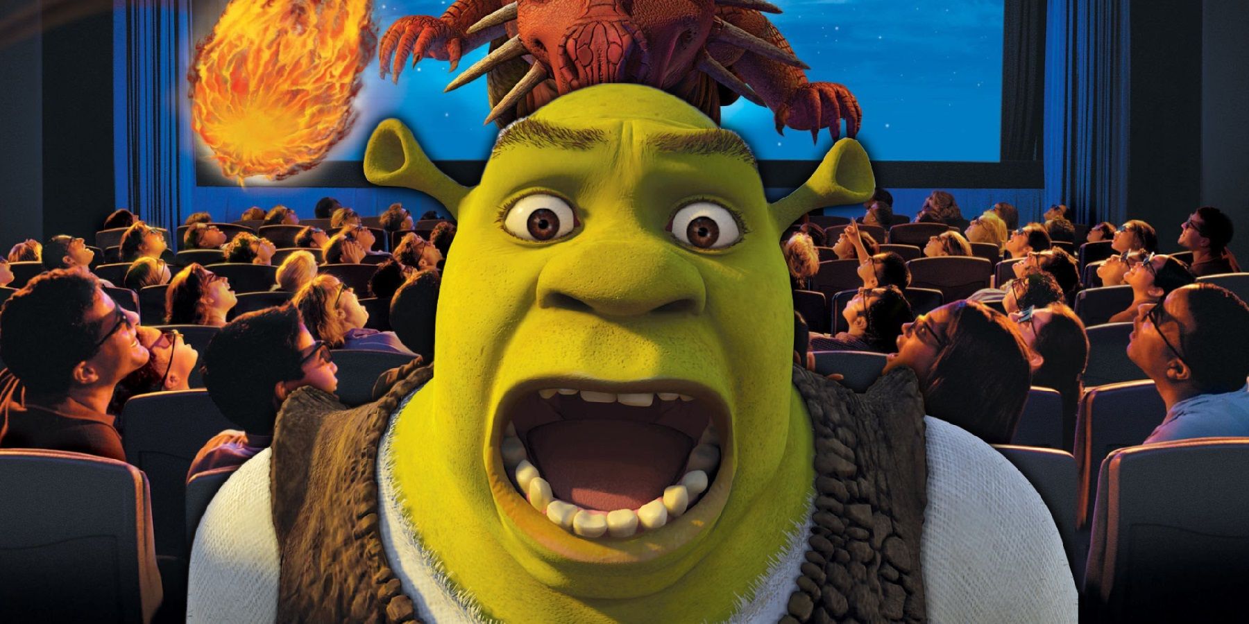 An upset Shrek in front of the poster for Universal Studios Shrek 4 D ride