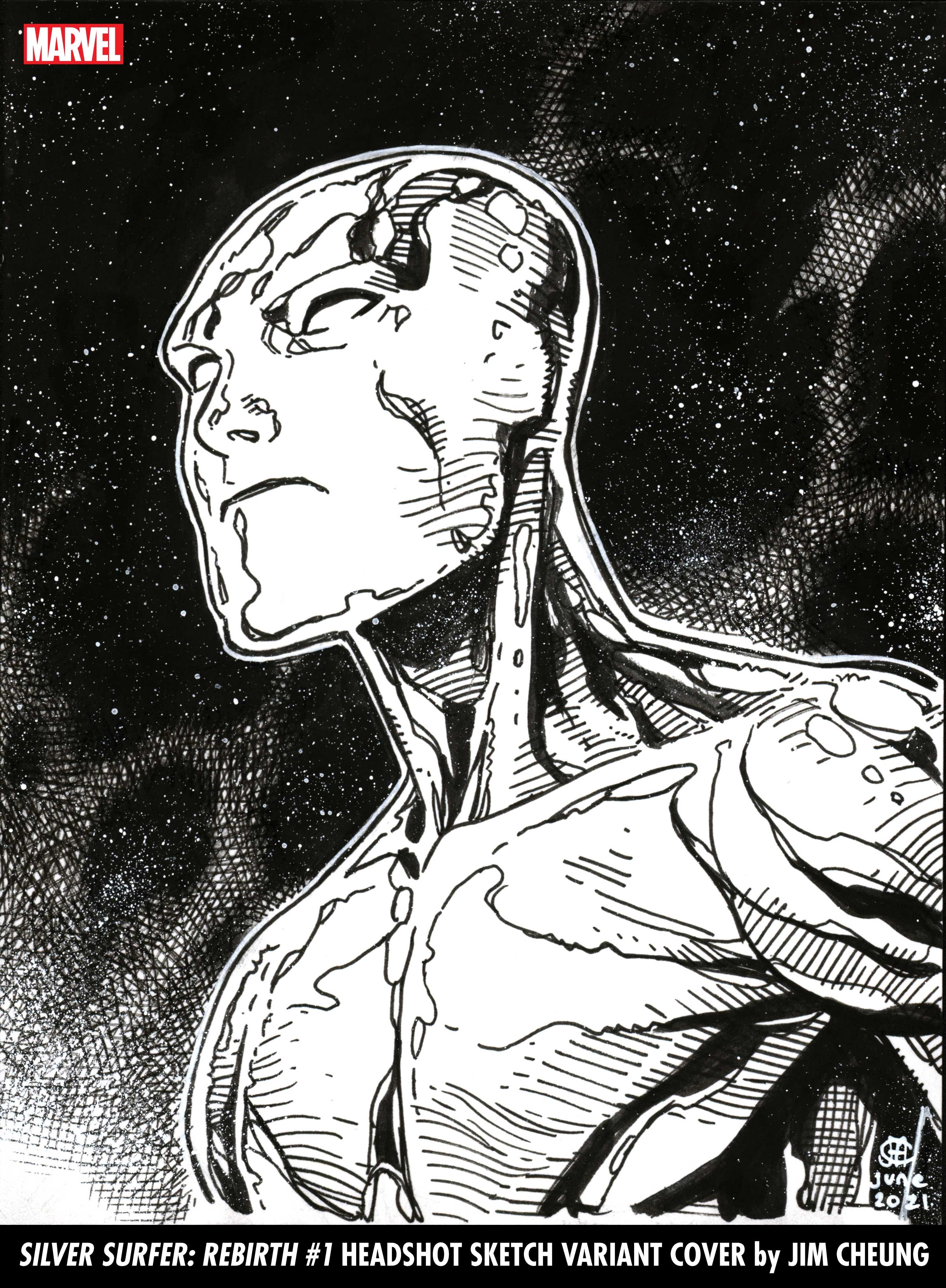 Black and white headshot cover of the Silver Surfer by Jim Cheung