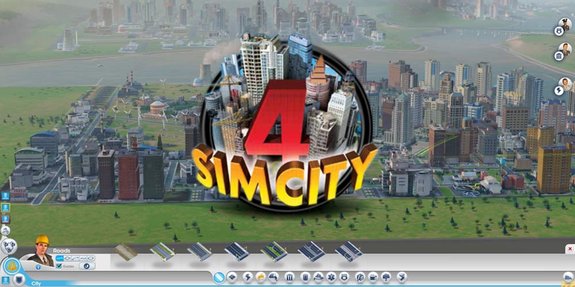 the logo of sim city 4 with some of the interface behind it