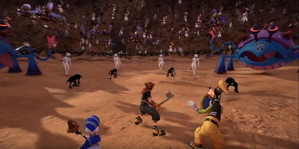 Sora, Donald, and Goofy fight thousands of enemies