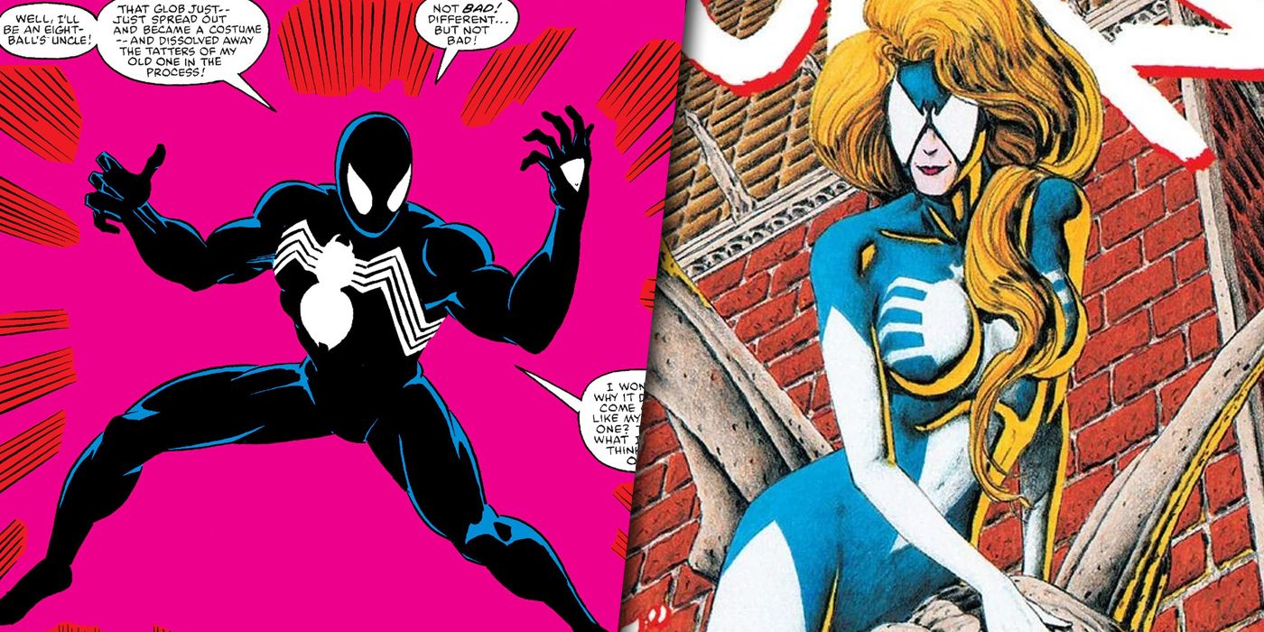 Spider-Man's new black suit from Secret Wars with Julia Carpenter as Spider-Woman split image