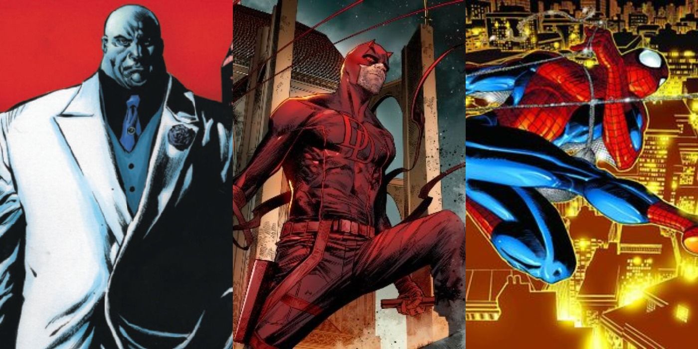 Split Feature Kingpin in Shadows, Daredevil on a Rooftop, and Spider-Man Swinging Through a City