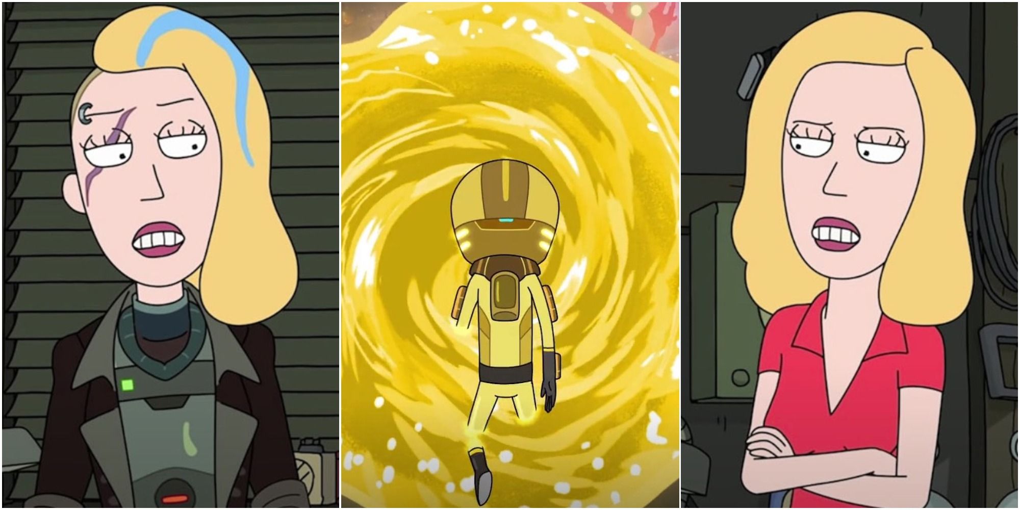 Split Image showing Beth, Space Beth, and Evil Morty