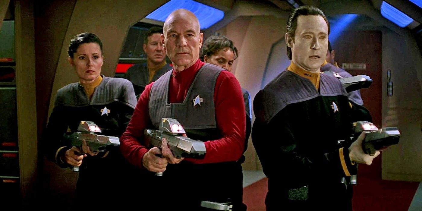 Captain Picard leads the crew with rifles in Star Trek First Contact