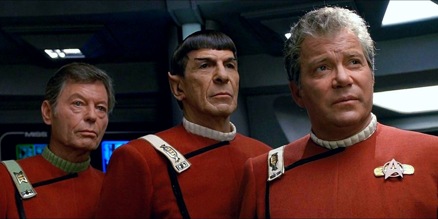 Kirk, Spock and McCoy in uniform in Star Trek V.