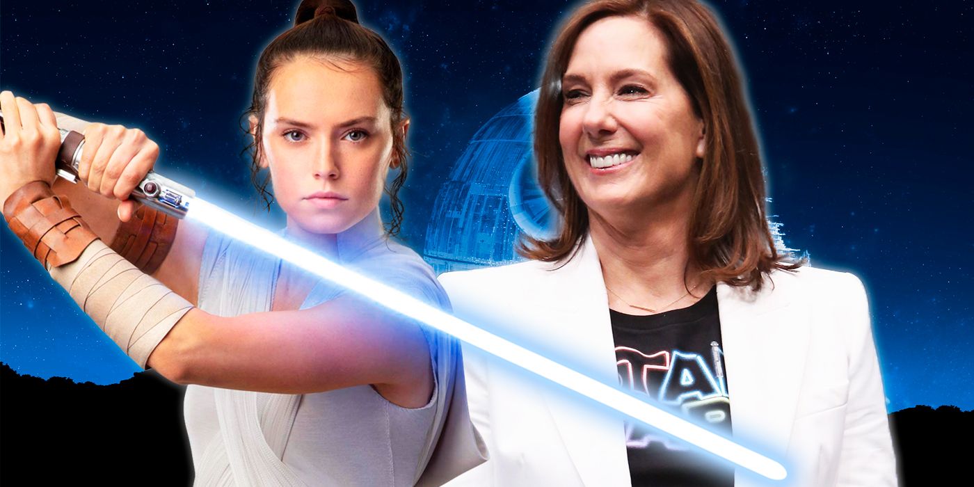 Daisy Ridley as Rey and Kathleen Kennedy in front of an image of the Death Star