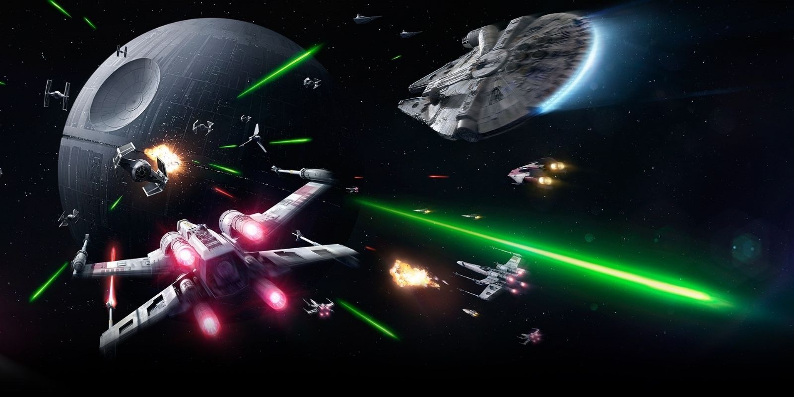 An epic space battle between the Rebels and the Empire, the Death Star looming in the distance, in Star Wars