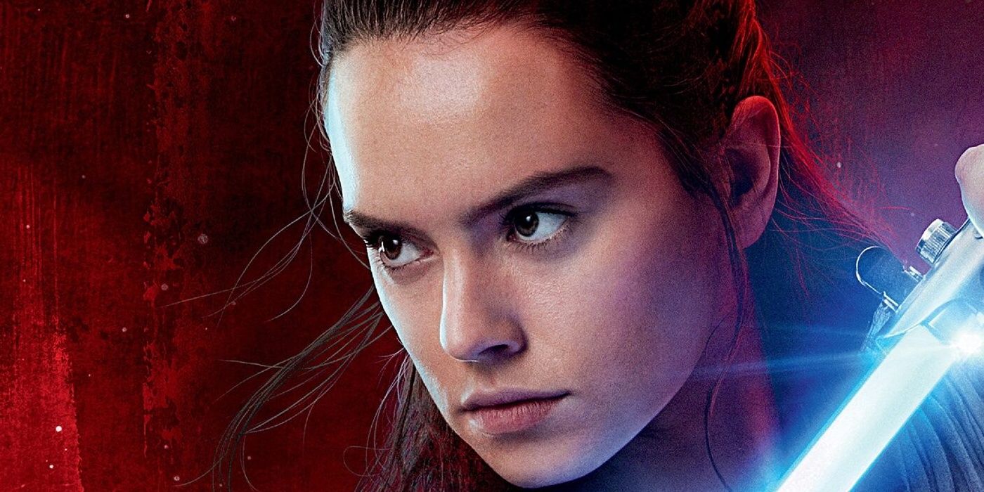 Star wars rey with lightsaber on red background