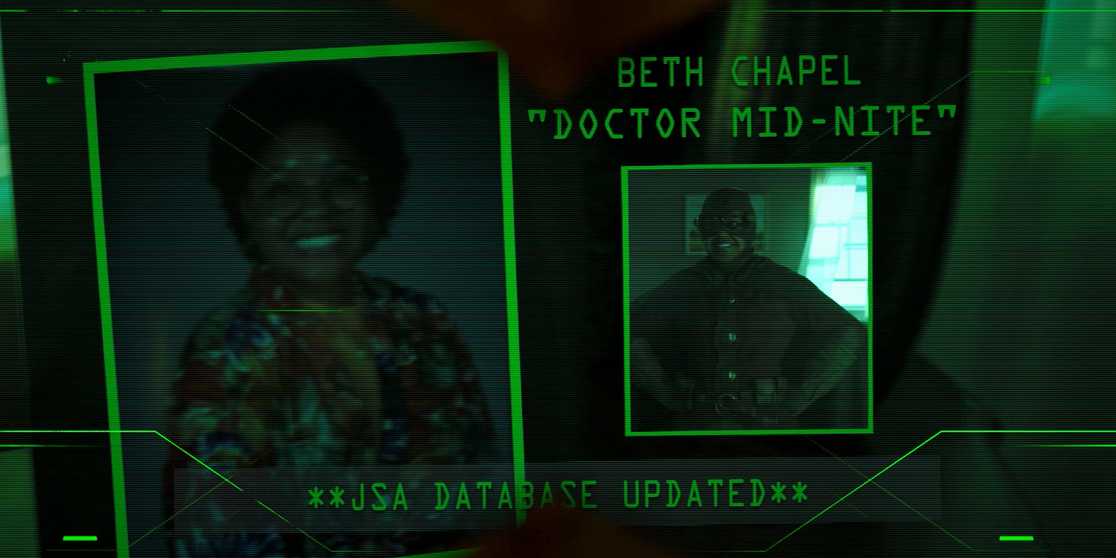 A neon green LED display showing Beth's portrait along with her identity as Dr. Mid-Nite.