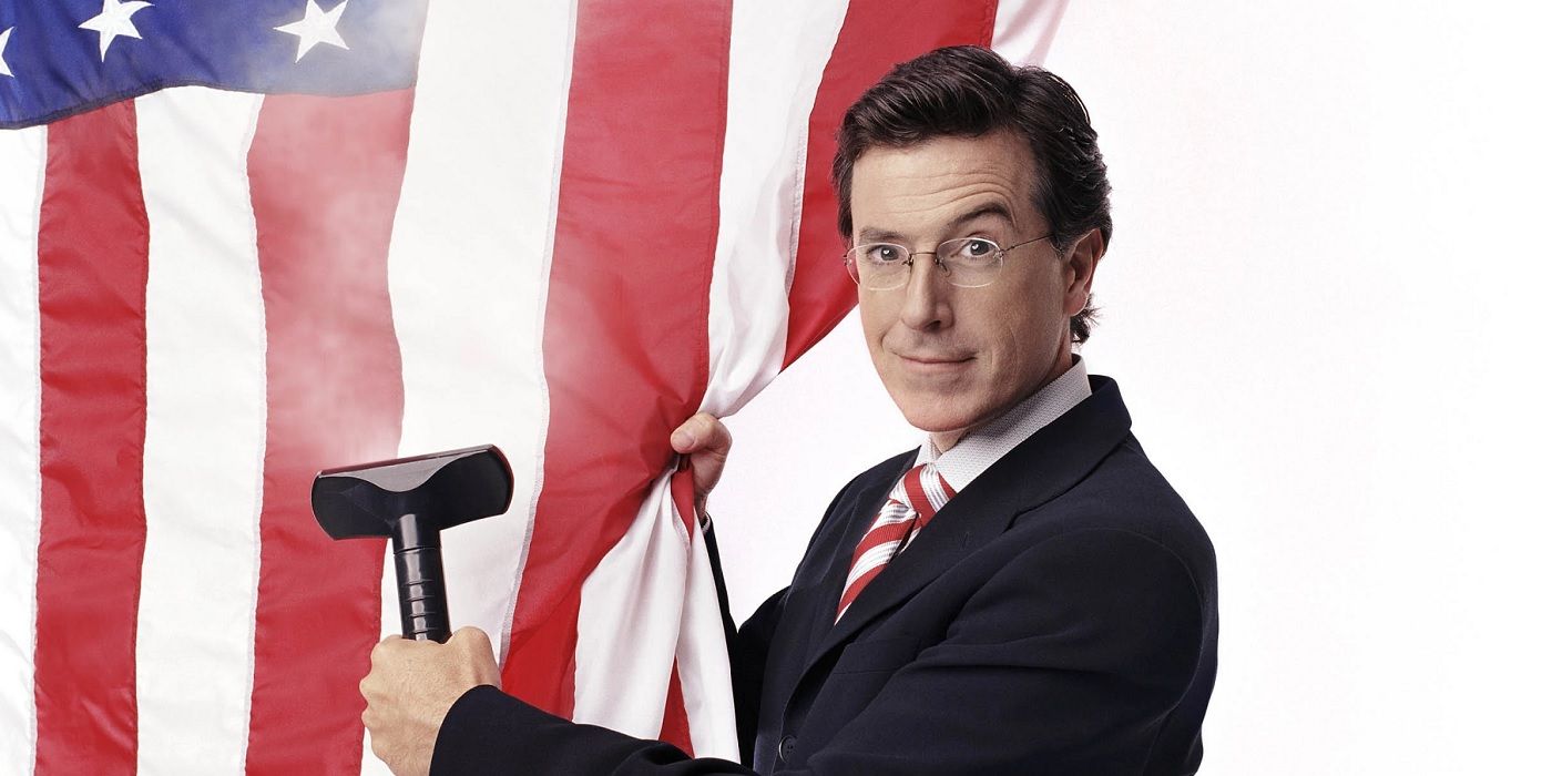 Stephen Colbert cleaning the flag of the United States of America