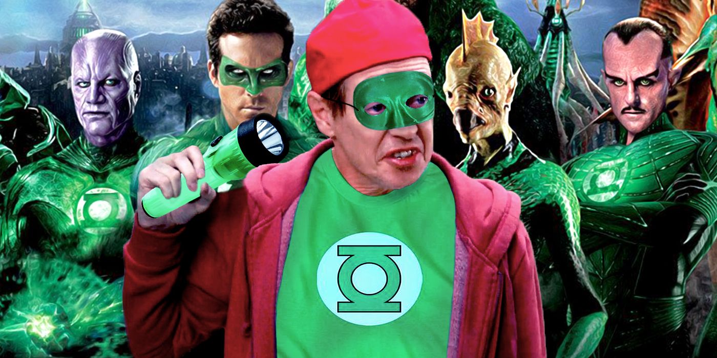 Steve Buscemi poses with Ryan Reynolds and other Green Lanterns