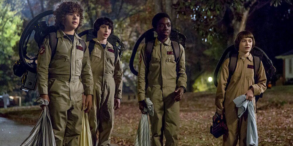 Dustin, Mike, Lucas and Will as the ghostbusters in Stranger Things
